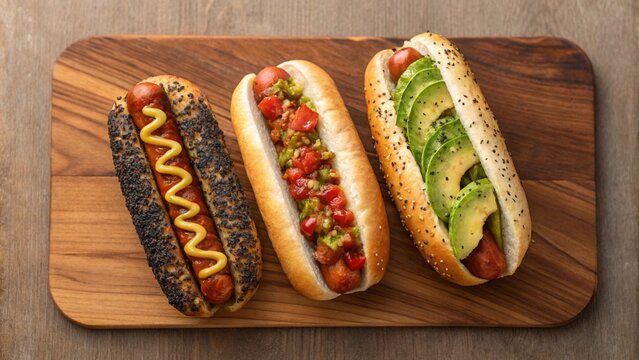 Top-down view of a selection of hot dogs on a rustic cutting board, emphasizing customizable options and inviting flavors for a casual meal or gathering.
