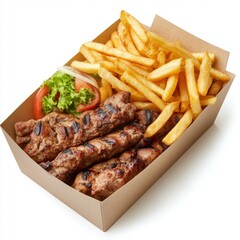 Grilled Meat and Fries in Cardboard Tray with Salad on White
