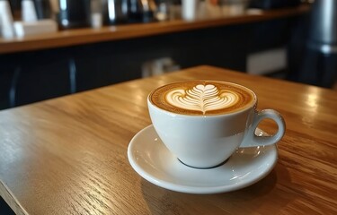 Latte with art in white cup on wooden table in cafe setting.