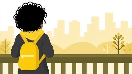 Person with Curly Hair Wearing Yellow Backpack Staring at Cityscape in Soft Color Palette