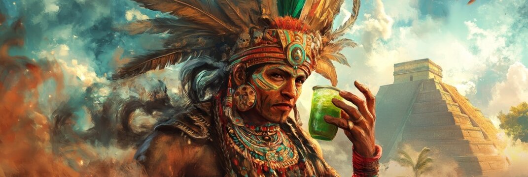 Aztec man with headdress holds fruit pyramid in background digital art.