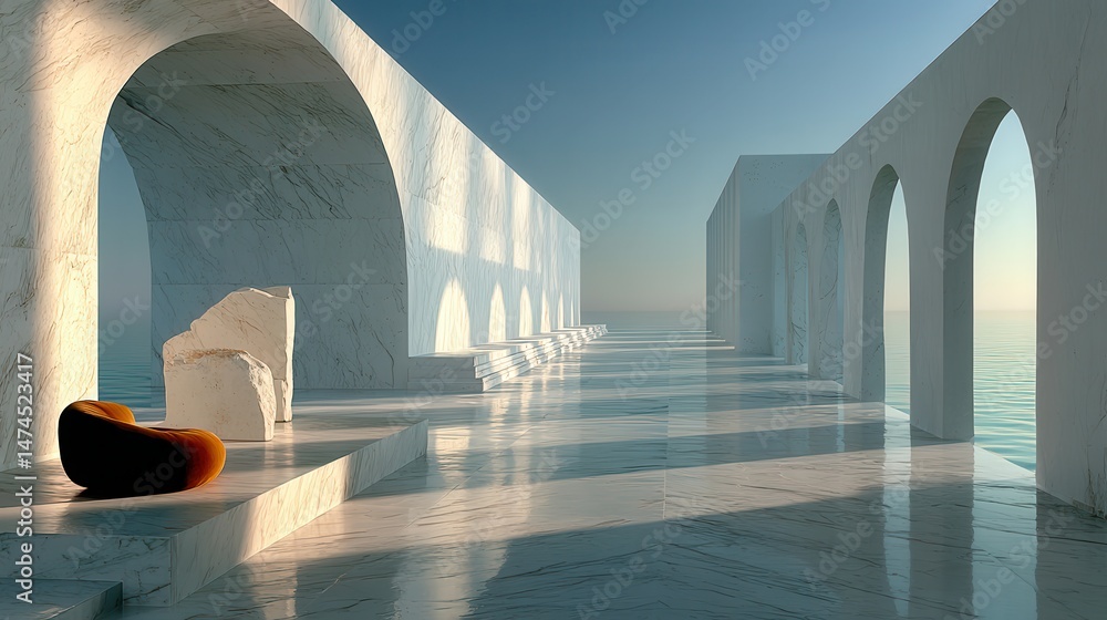 Poster ancient style corridor with columns and platform for product presentation minimal 3d rendering illustration,stock photo