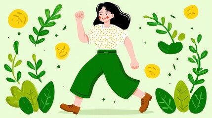 Vibrant Woman Walking Among Green Plants with Cheerful Expression in a Nature-Inspired Setting