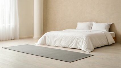 A grey yoga mat is partially unrolled on a wooden floor in a calm bedroom, positioned in front of a cozy bed, symbolizing a peaceful space for home exercise, mindfulness