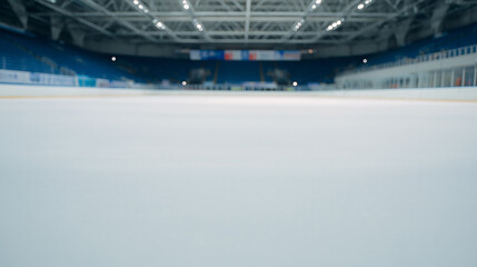 Empty ice rink with a smooth surface, viewed from the stands, under soft lighting. A serene and minimalist sports moment.