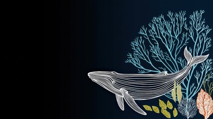 Elegant Illustration of a Whale Swimming Amidst Colorful Coral Reef in a Deep Blue Ocean