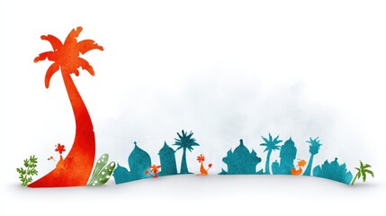 Vibrant Artistic Landscape Design with Palm Tree and Silhouette Structures in Bright Colors