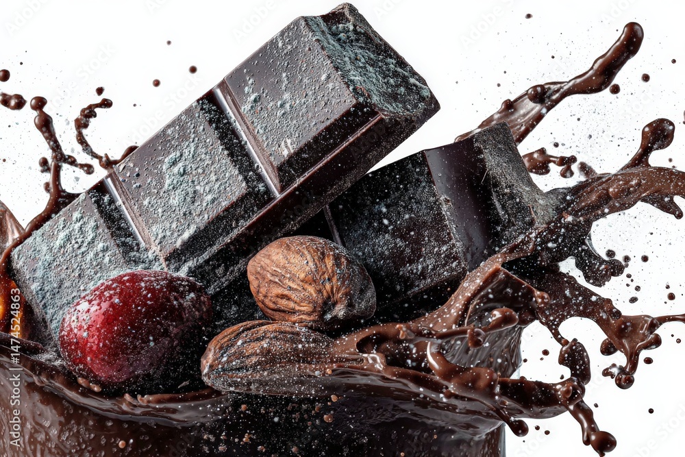 Aufkleber rich dark chocolate splashes in a delightful dessert creation with nuts and berries