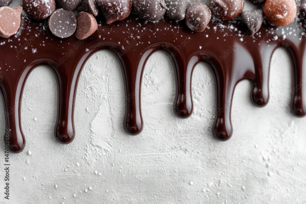 Poster delicious chocolate drips and colorful candies create a tempting dessert display