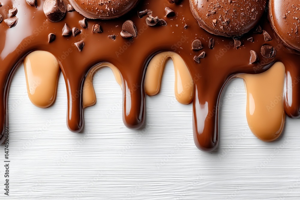 Poster chocolate and caramel drizzles create a rich dessert topping on a smooth surface