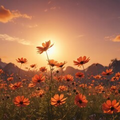 Sun-drenched vintage cosmos; fiery sunset backdrop,  texture,  orange