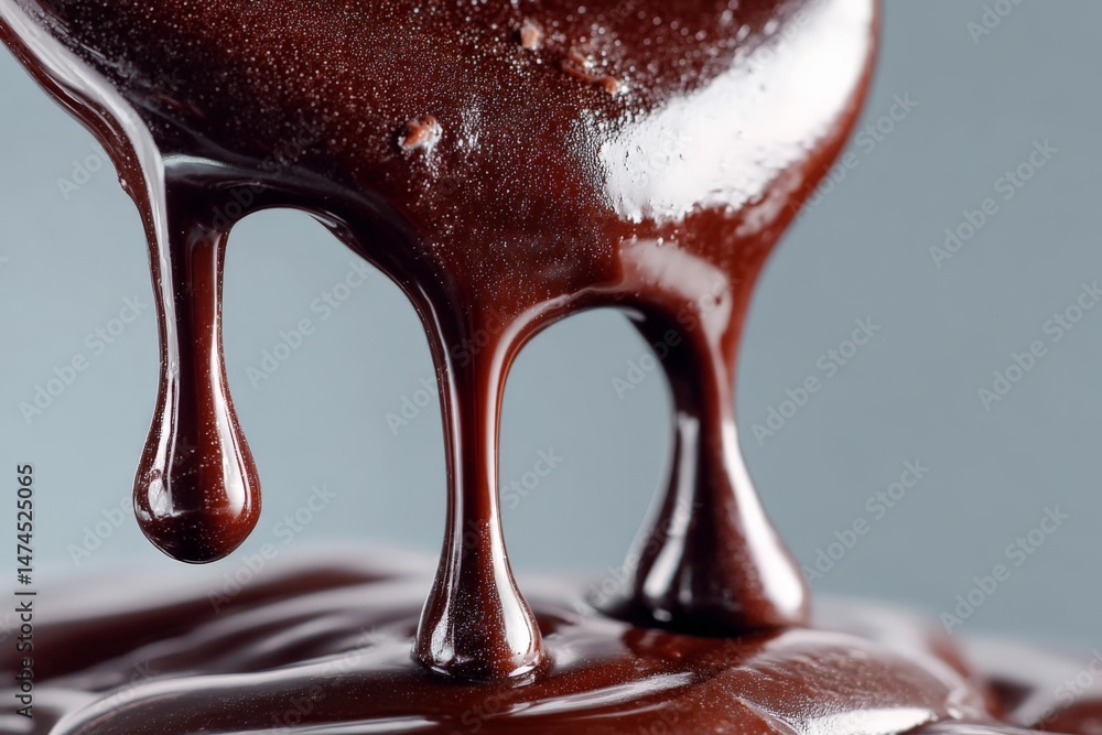 Poster melted dark chocolate dripping from a spoon on a smooth surface
