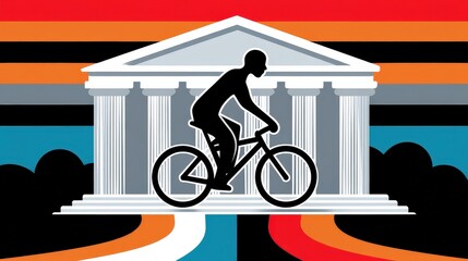 Bicycle Rider Silhouette with Classic Building in Colorful Modern Graphic Design