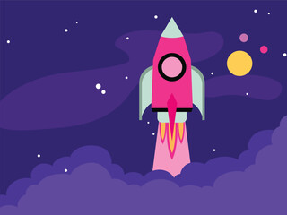 Purple space day rocket flat vector background