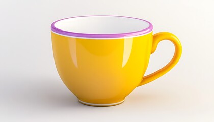 Golden yellow coffee cup outline, gradient lilac and white background