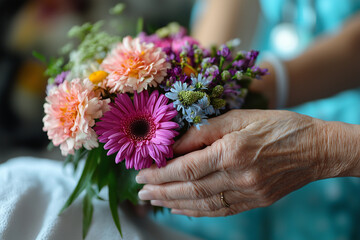 bouquet of flowers held by elderly in hospital