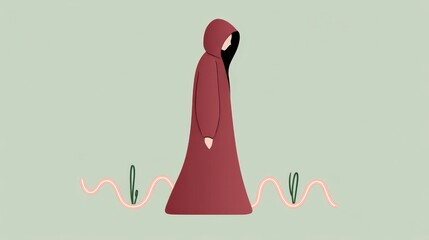 Mysterious Figure in Cloak Walking Through Abstract Green Landscape with Plants and Line Art