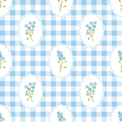 Coquette trellis floral seamless pattern on a checkered background. Vintage Rustic Design. Hand-drawn Myosotis vector illustration