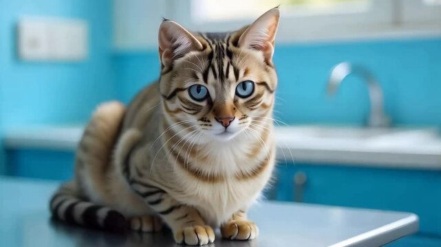 A tabby cat at the vets, veterinary clinic with blue walls and a sink and medical equipment in the background