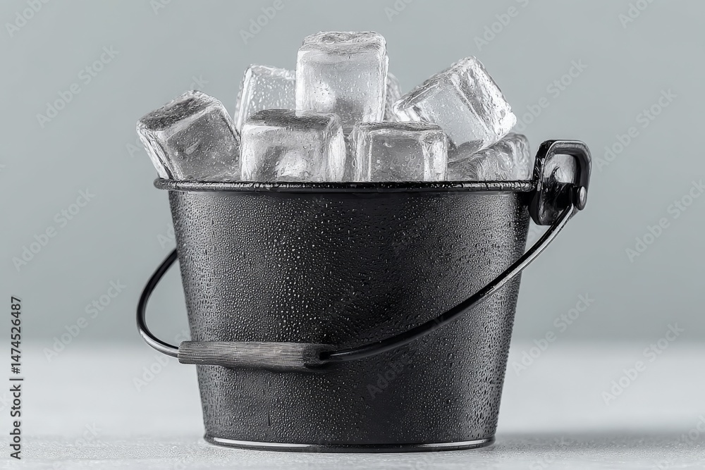 Poster Bucket filled with ice cubes resting on a gray surface, perfect for refreshing drinks in warm weather