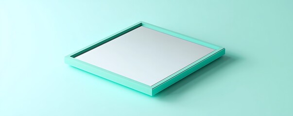 A square mirror with a turquoise border floating softly on a cool mint background