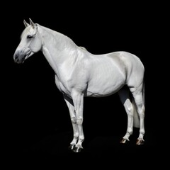 Side view of elegant white horse standing confidently against  deep black background. Lighting emphasizes animal&rsquo;s strong physique and graceful posture, creating  powerful and timeless portrait.