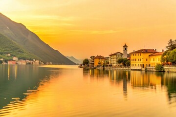 Obraz premium Lake Iseo, Lovere, Italy: Turquoise Waters & Alpine Reflections - Stunning Low Light Photography