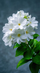 Fototapeta premium A beautiful cluster of pristine white gardenia blossoms with vibrant green leaves stands gracefully against a textured gray backdrop, creating a serene floral display.