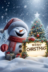 Christmas celebration poster in the snow, with gift boxes and cheerful snowmen under a sparkling winter sky.