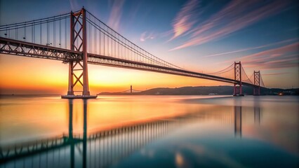 Obraz premium Lisbon's 25 de Abril Bridge: Minimalist Sunrise Cityscape