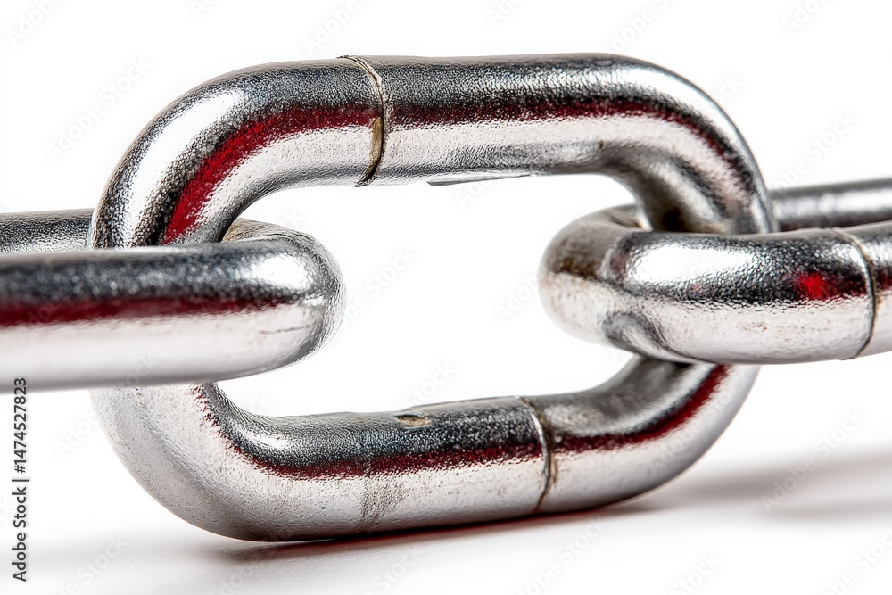 Poster close-up of interlocking metal chain links showcasing strength and durability during daylight hours