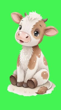 animal animation in green screen, cute talking dairy cow sitting down