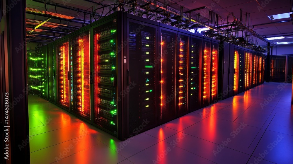Aufkleber data center operations high-tech facility digital infrastructure neon environment wide-angle view mo