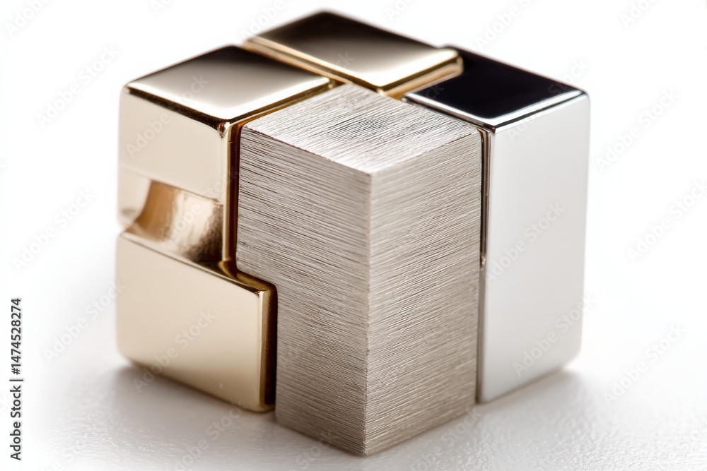 Poster unique metallic puzzle cube with intricate design and reflective surfaces on a white background