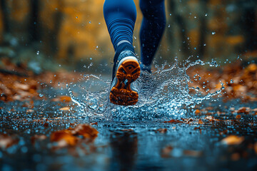 Close up runner shoes with water splash