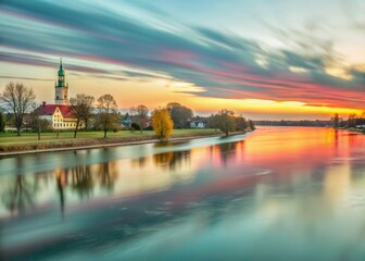 Obraz premium Long Exposure Elbe River at Torgau, Germany - Dramatic Sunset Landscape Photography