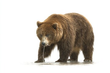 Fototapeta premium Grizzly bear standing in shallow water, a strand of vegetation hanging from its mouth.