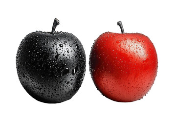 A black and red apple, both glistening with water droplets