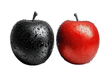 A black and red apple, both glistening with water droplets