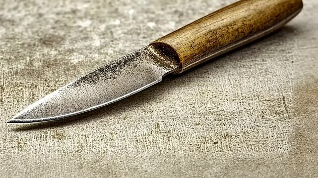 Detailed View of a Sharpened Knife with Wooden Hilt on Textured Background