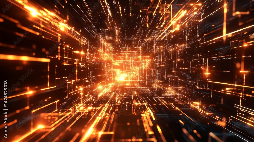 Poster dynamic digital energy burst virtual reality space abstract art cyber environment perspective techno