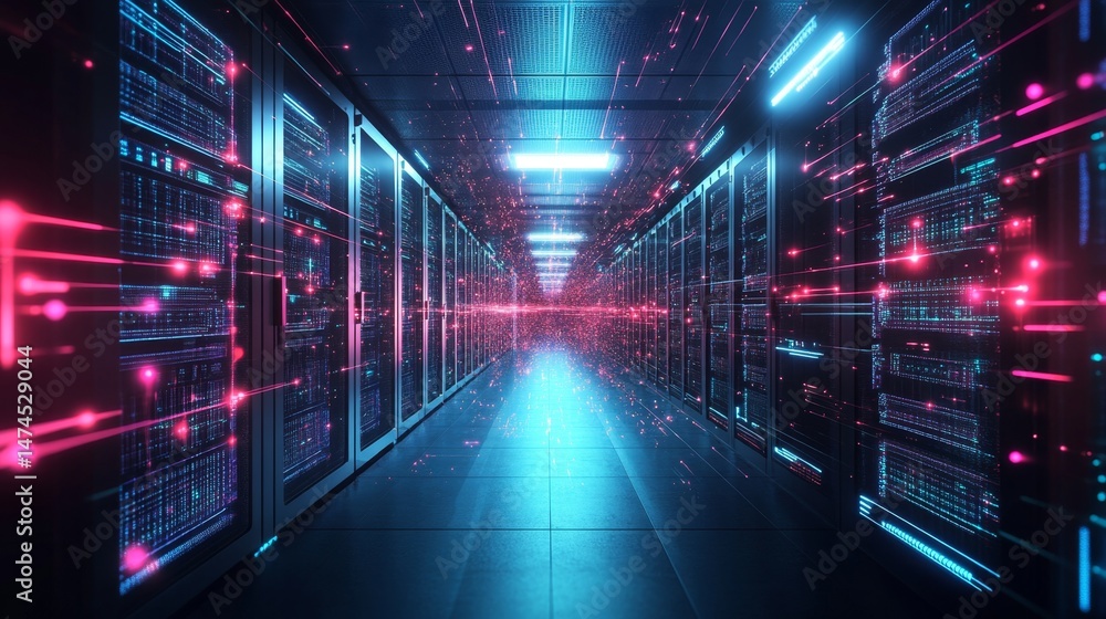 Poster innovative data transfer event in high-tech server room visualizing digital flow cyber environment f