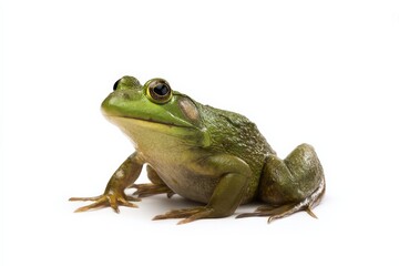 Fototapeta premium Close-up of a vibrant green frog against a stark white background.