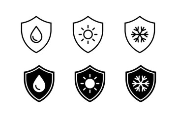 Waterproof, sun protect, frost protect icon. Frost resistance and water resistance icons. Shield sign vector illustration
