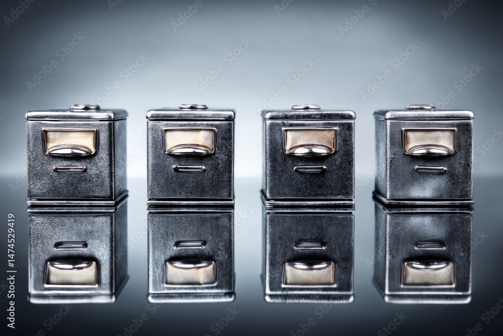 Poster vintage metal filing cabinets arranged in a row with a reflective surface emphasizing their industri