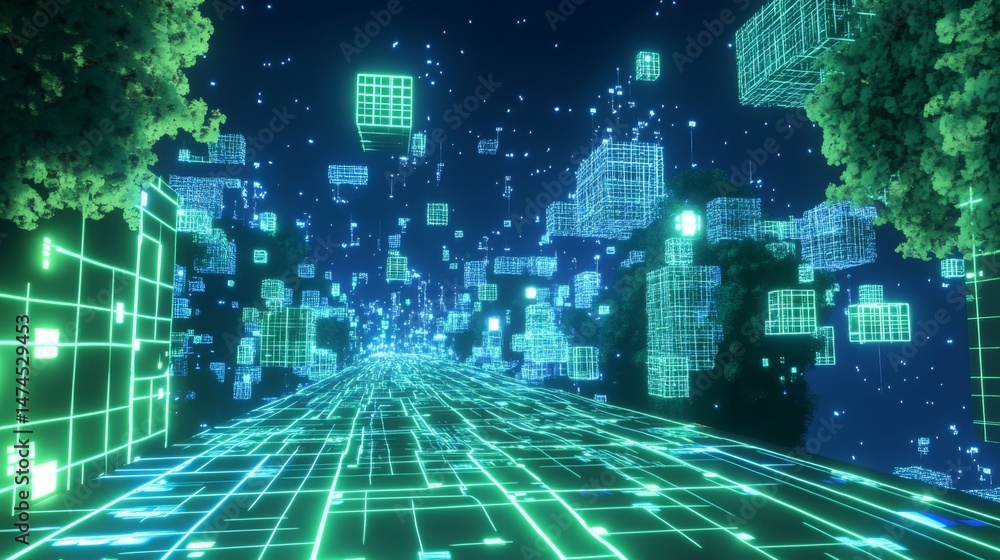 Poster futuristic data flow event virtual realm 3d animation digital landscape perspective view tech innova