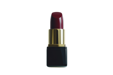Deep red lipstick in a dark, square case with gold accents