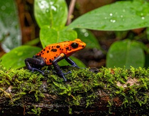 Fototapeta premium A vibrant rainforest frog sitting on a moss-covered branch, droplets of water on leav