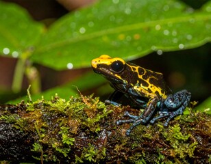 Fototapeta premium A vibrant rainforest frog sitting on a moss-covered branch, droplets of water on leav