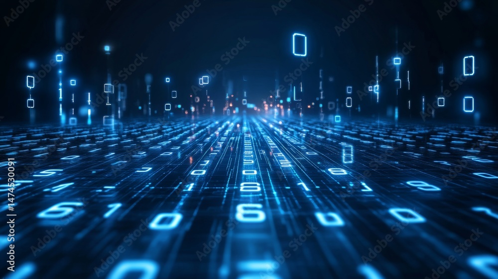 Poster exploring digital data streams virtual environment abstract visualization futuristic perspective tec